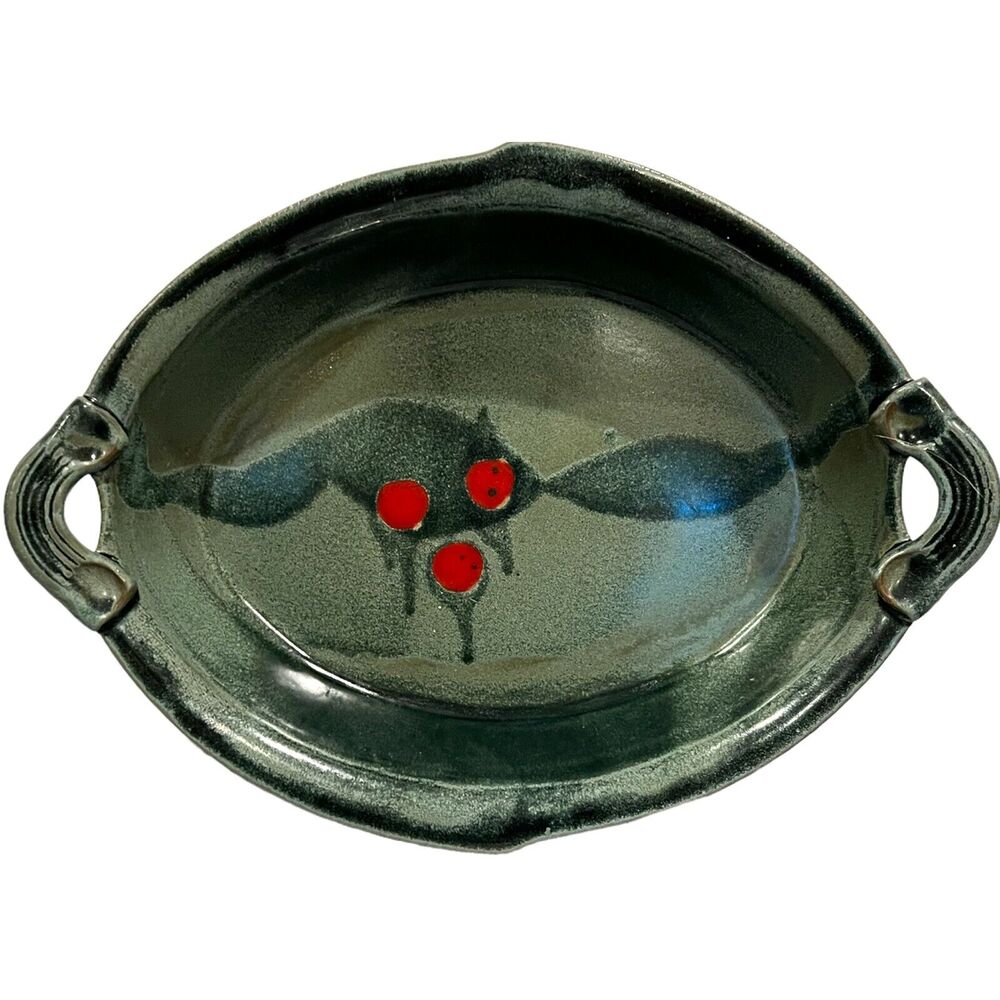 Hand made Pottery Dish Handled Tray Green Holly Berries Appalachian Folk Art usa